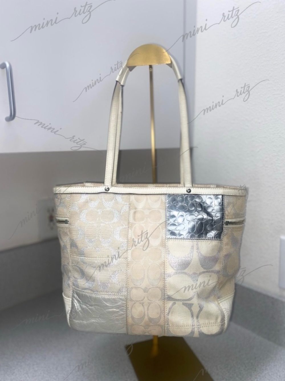 Coach Signature White, Beige and Silver Patchwork Tote GUC - Picture 3 of 15